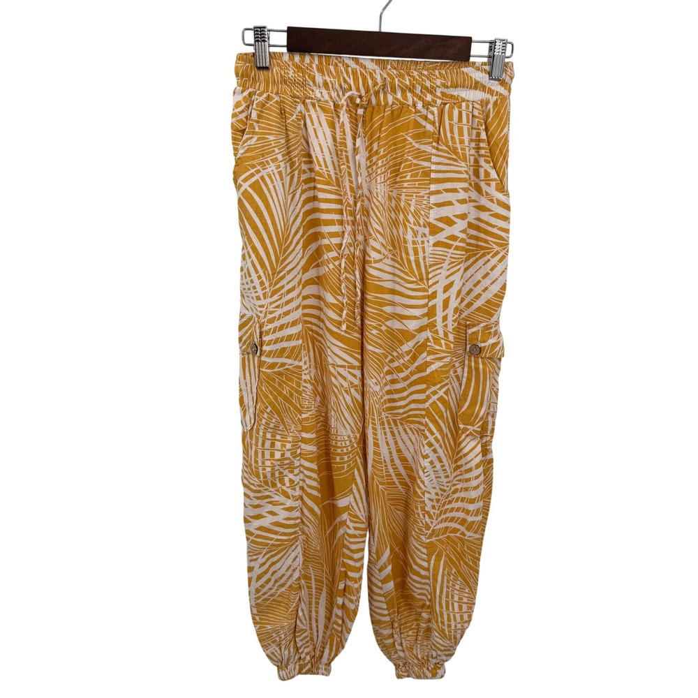 Panama Jack Womens S‎ Jogger Pants Yellow Tropical Palm Print Loungewear Casual